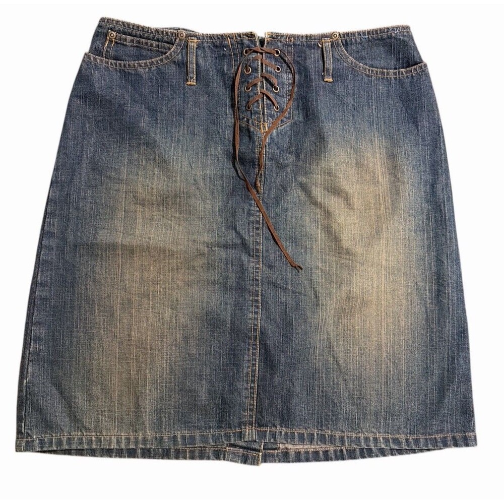 Faded Glory Blue Jean Denim Skirt Tie Front Zip Back Stretch 8 Vintage Style